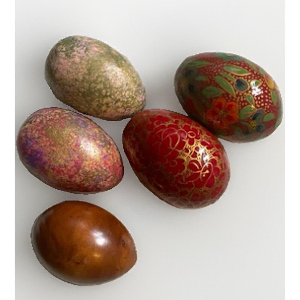 Vintage Lot 5 Hand Painted Wooden Eggs Kashmiri Papier Mache Floral